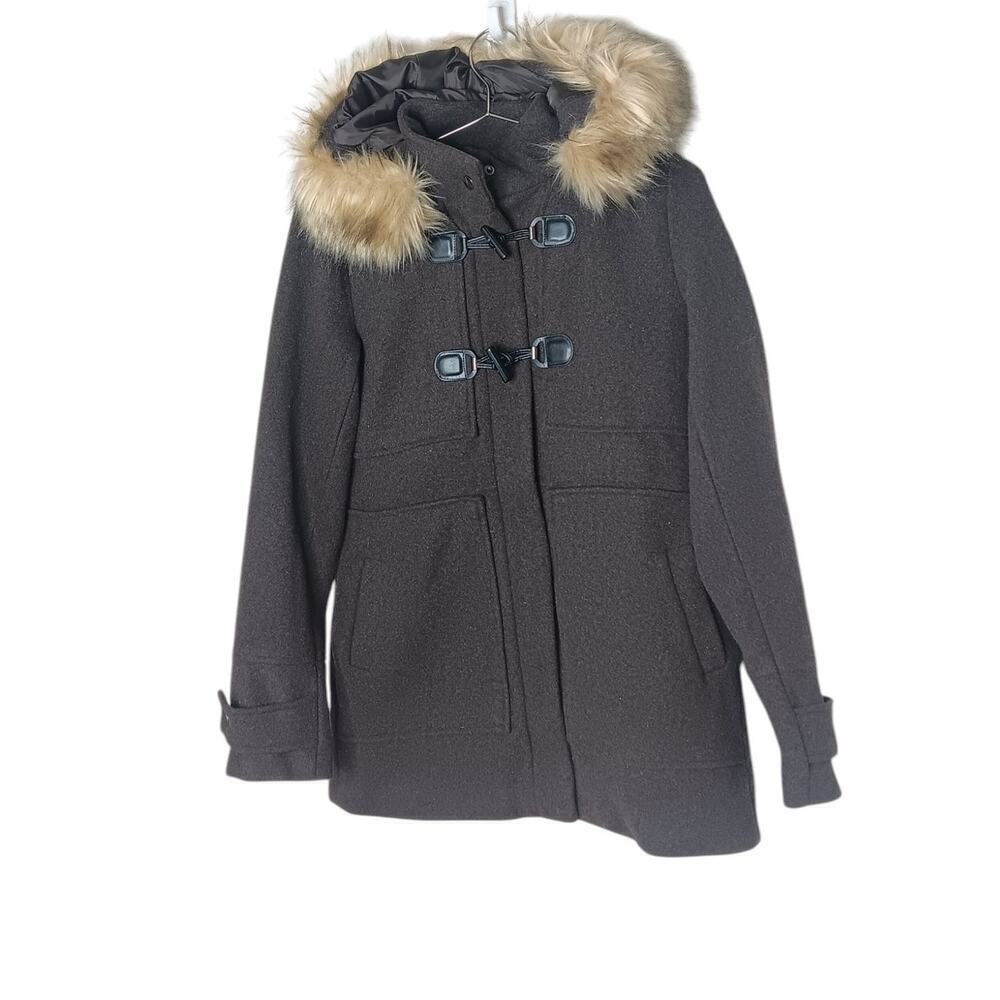 New Coffee Shop Wool Duffle Trench Coat Faux Fur Trimmed Hood XS Brown - Picture 2 of 14